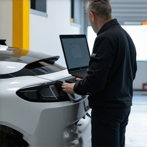 Automotive diagnostic tools for electric vehicle calibration, featuring digital interfaces and sensors.