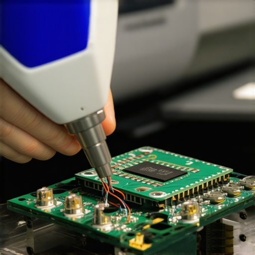 Technician inspecting vehicle micro-components with ultrasonic device