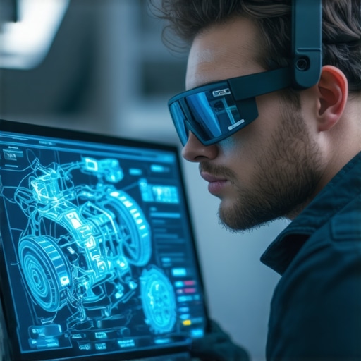 Mechanic wearing AR glasses while inspecting a car engine with virtual overlays.
