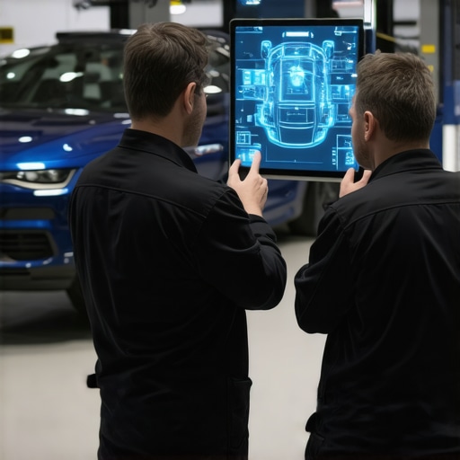 Technicians employing AR interfaces overlaying diagnostic data in a high-tech auto repair shop