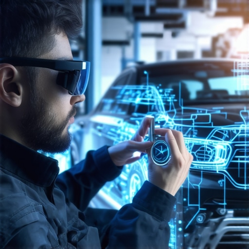 Technician wearing AR glasses analyzing engine components with digital overlays.