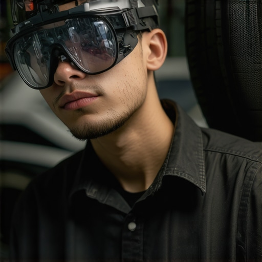 Augmented Reality in Brake Repair Technician using AR glasses to assist with brake calibration in a high-tech auto repair environment