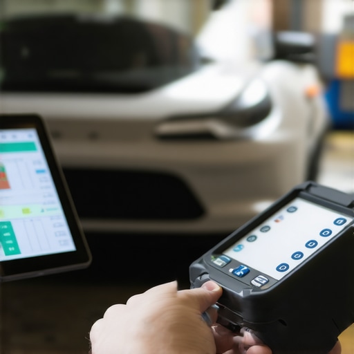 A mechanic using a modern diagnostic scanner to analyze brake system sensors.