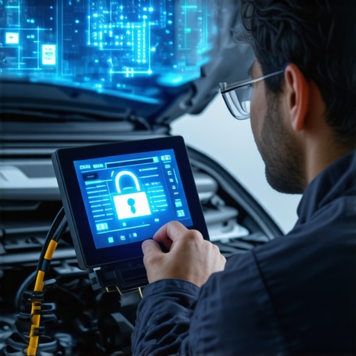 Technician analyzing brake system diagnostics with digital tools emphasizing cybersecurity and data analytics.