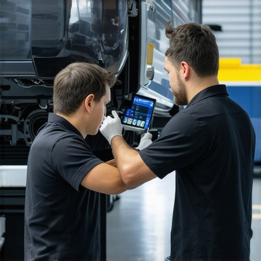 Technicians using high-tech diagnostic equipment for brake and engine performance analysis in a modern garage.