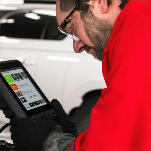 Technician calibrating brake components with advanced digital tools in a well-equipped workshop.