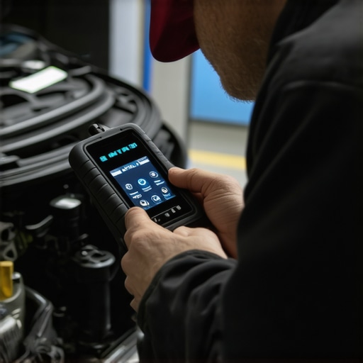 Mechanic using a secure scan tool on vehicle's diagnostic port, representing trustworthy auto repair practices.