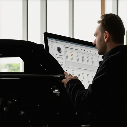 Technician performing ECU calibration check with advanced diagnostic equipment.