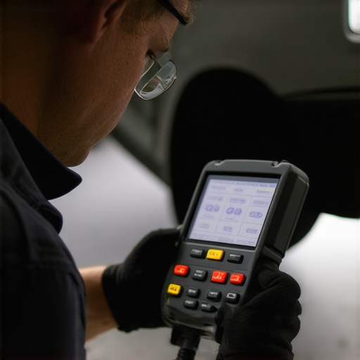 Technician analyzing digital brake system calibration with advanced diagnostic equipment.