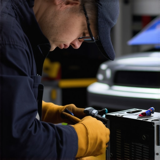 Technician performing ECU calibration using diagnostic equipment in a modern auto repair shop.