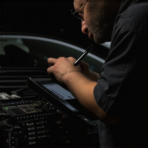 Technician analyzing engine sensor data on a high-tech diagnostic device in an auto repair shop.