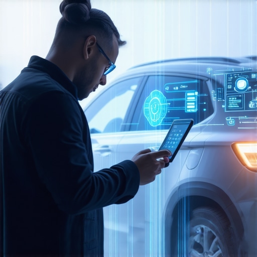 Technician operating advanced digital diagnostic equipment connected to a modern vehicle.