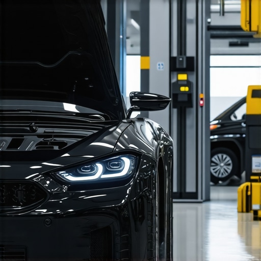A modern auto repair shop featuring advanced AI-driven diagnostic machines and laser calibration equipment