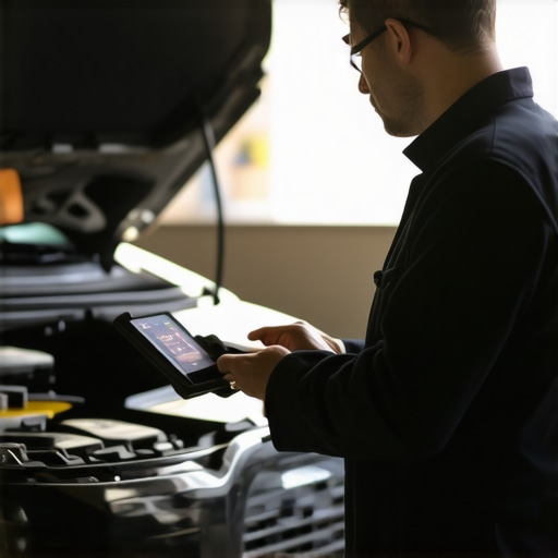 Technician using digital diagnostic tools on a modern vehicle at a repair shop