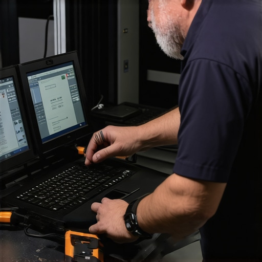 Technician calibrating brake sensors using specialized diagnostic equipment