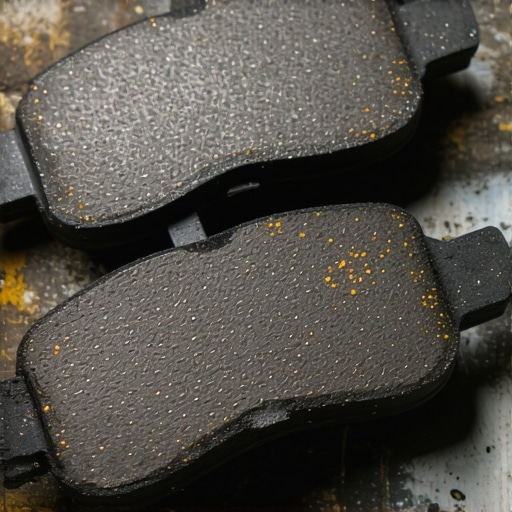 High-resolution image of ceramic brake pads with nano-technology in a professional garage setting