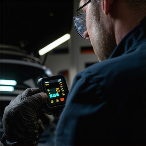 Technician using ultrasonic detector on brake components