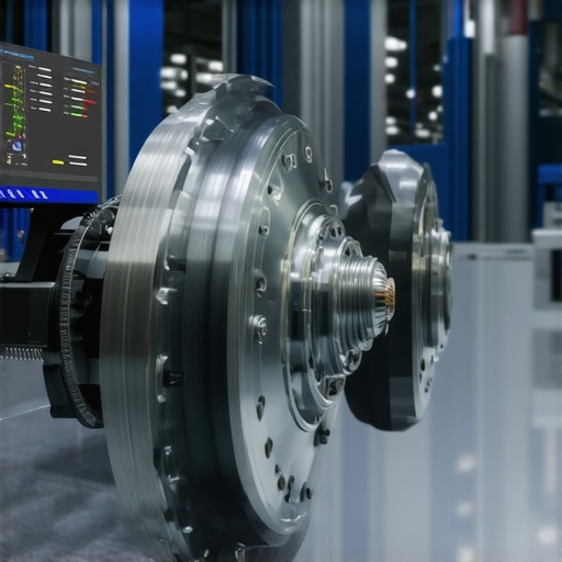 Futuristic brake system with sensors and digital diagnostic tools in a workshop.