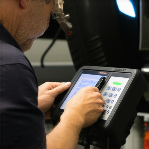 Technician performing digital brake calibration with advanced tools.