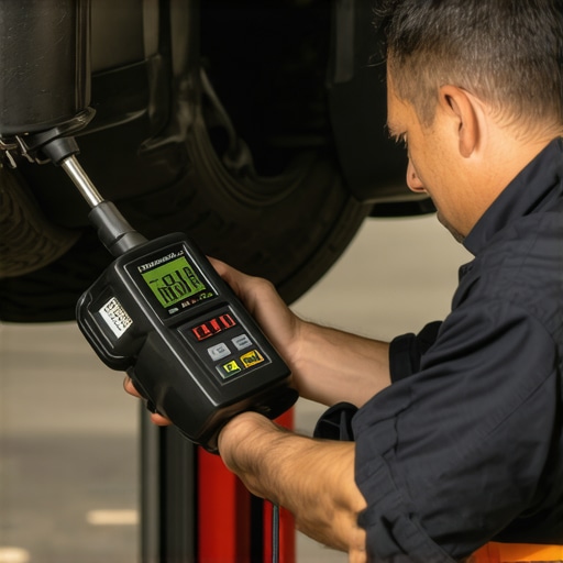 Automotive technician using ultrasonic device to detect internal micro-cracks in brake lines.