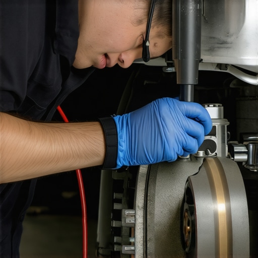 Technician performing ultrasonic testing on brake parts with specialized equipment.