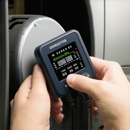 Technician using ultrasonic leak detector on brake system with digital display