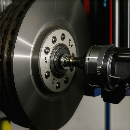 Technician performing ultrasonic testing on a vehicle's brake rotor for micro-cracks.