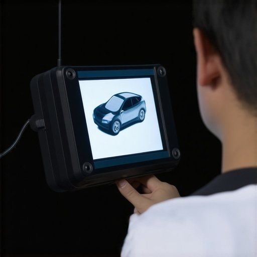 A futuristic automotive diagnostic setup utilizing AI and real-time data analytics.
