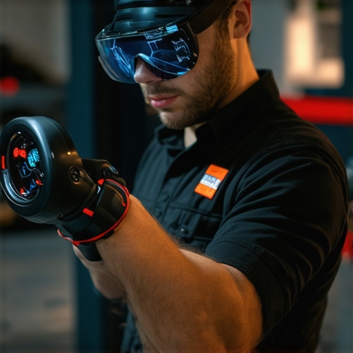 Mechanic applying augmented reality technology during brake system diagnostics and repair.