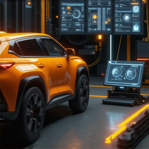 High-tech vehicle diagnostic systems with AI and robotic calibration arms.