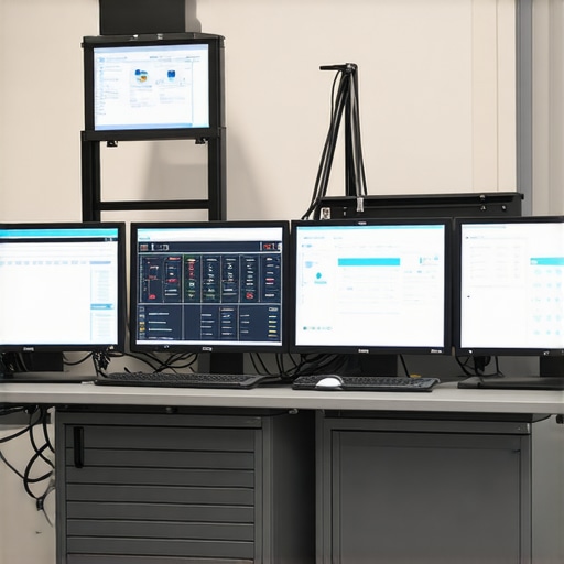 A mechanic inspecting vehicle diagnostics on multiple digital screens