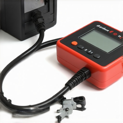 Automotive technician using a high-tech diagnostic device on vehicle brakes.