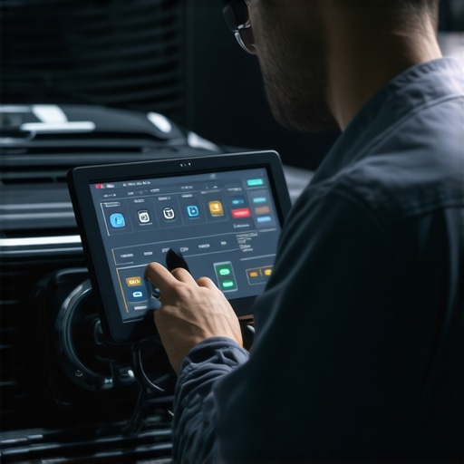 Technician performing digital brake system diagnostics with modern tools.