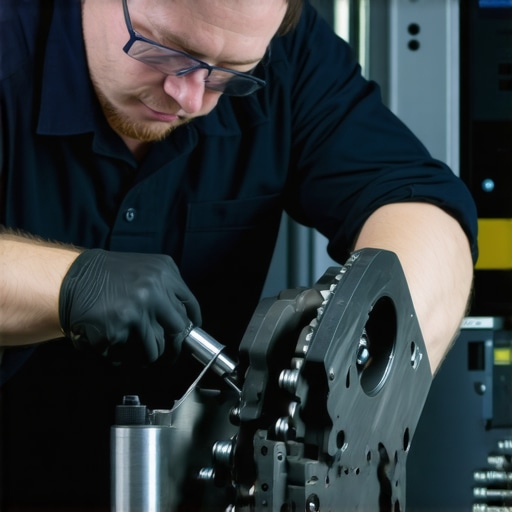 Mechanic performing ultrasonic test on brake rotor with diagnostic equipment