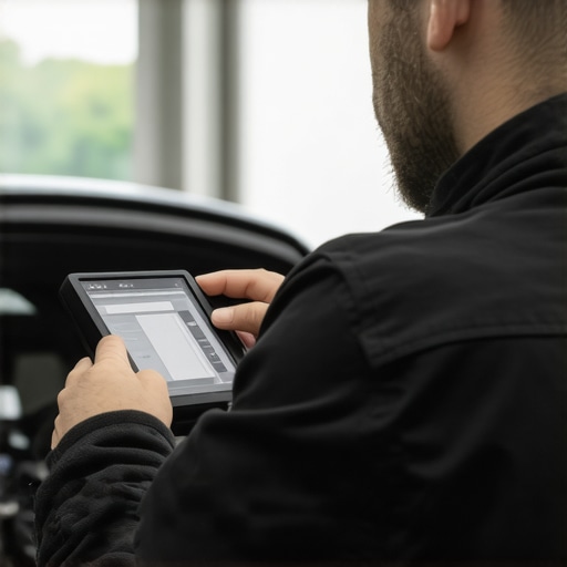 Technician performing diagnostics on a hybrid GDI engine with a high-tech scanner