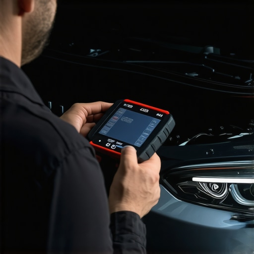 Mechanic analyzing sensor data with a high-tech scanner during auto tune-up.