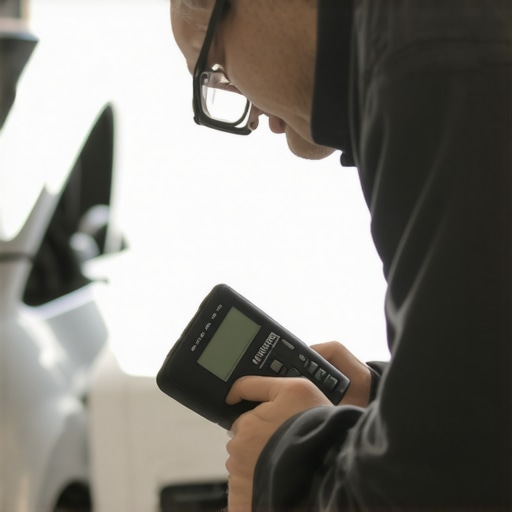 Mechanic analyzing vehicle diagnostics with a handheld scanner.