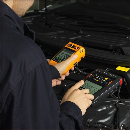 Mechanic analyzing a car's engine with high-tech diagnostic equipment