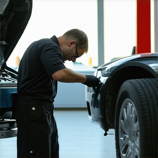 Mechanic using diagnostic tools to verify brake system and engine performance in an auto repair shop.