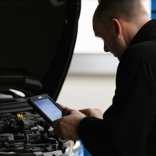 Technician using specialized equipment to test vehicle's evaporative emissions system