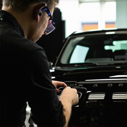 Technician calibrating engine sensors using specialized diagnostic tools, with digital interfaces displaying real-time data.