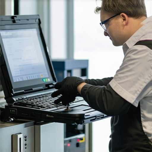 Technician performing electronic oil quality testing with advanced tools in a professional auto shop.