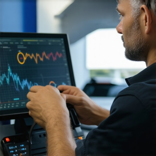 Technician analyzing vehicle diagnostic data with advanced tools.