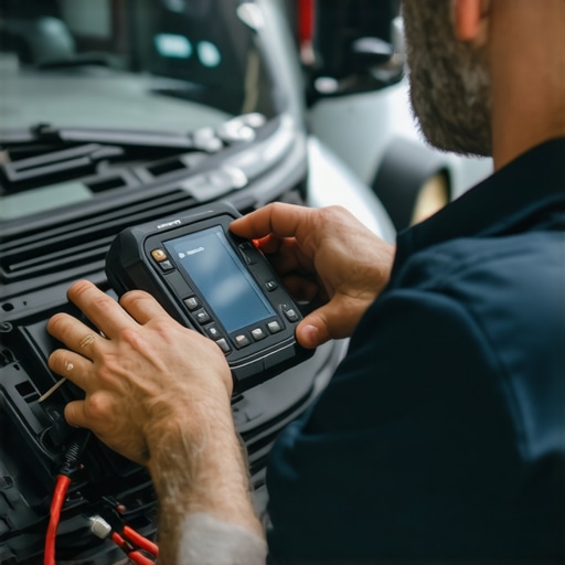 Mechanic working with diagnostic scanner on a modern vehicle's electronic system.