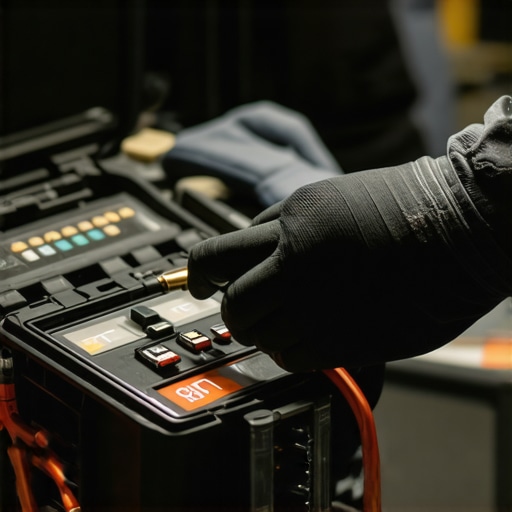 Technician calibrating electronic brake sensors using advanced diagnostic equipment