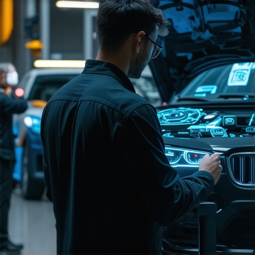 Technicians operating modern diagnostic equipment in a high-tech auto repair bay