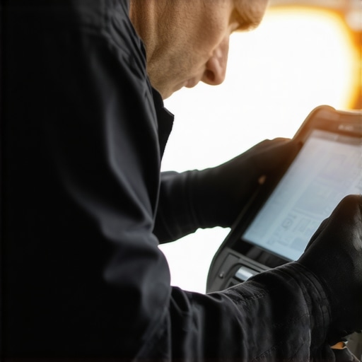 Automotive mechanic using advanced scanner in modern repair shop