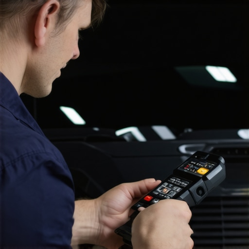 Technician analyzing vehicle electronic diagnostic data with specialized tools