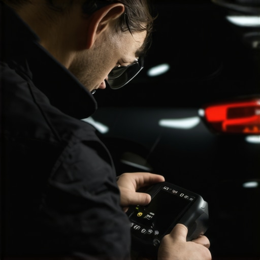 Technician employing a high-tech diagnostic scanner on vehicle engine