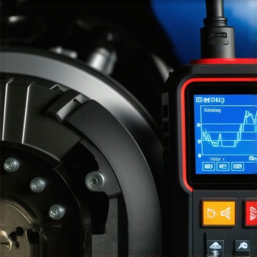 Technician analyzing brake system sensor data using digital diagnostic equipment